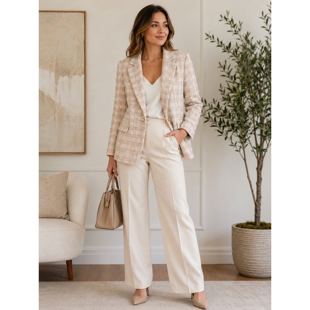 Central Park West Tweed Plaid Single Button Blazer Medium